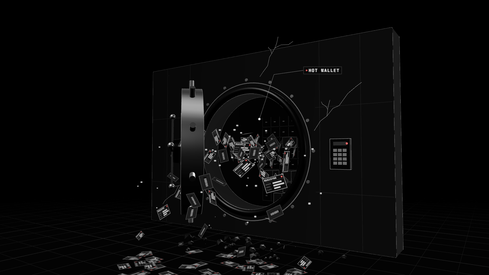 Render 3D en blanco y negro que ilustra: Bitget pierde cientos de millones de sus carteras calientes y reabre retiros por fases desde hoy