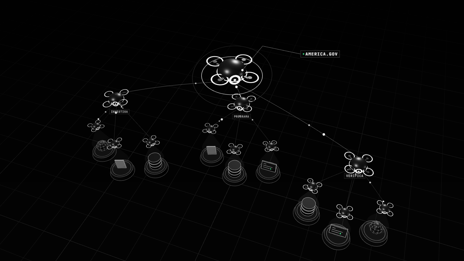 Render 3D en blanco y negro que ilustra: Estados Unidos lanza America.gov, un chatbot con Gemini y Grok para trámites federales