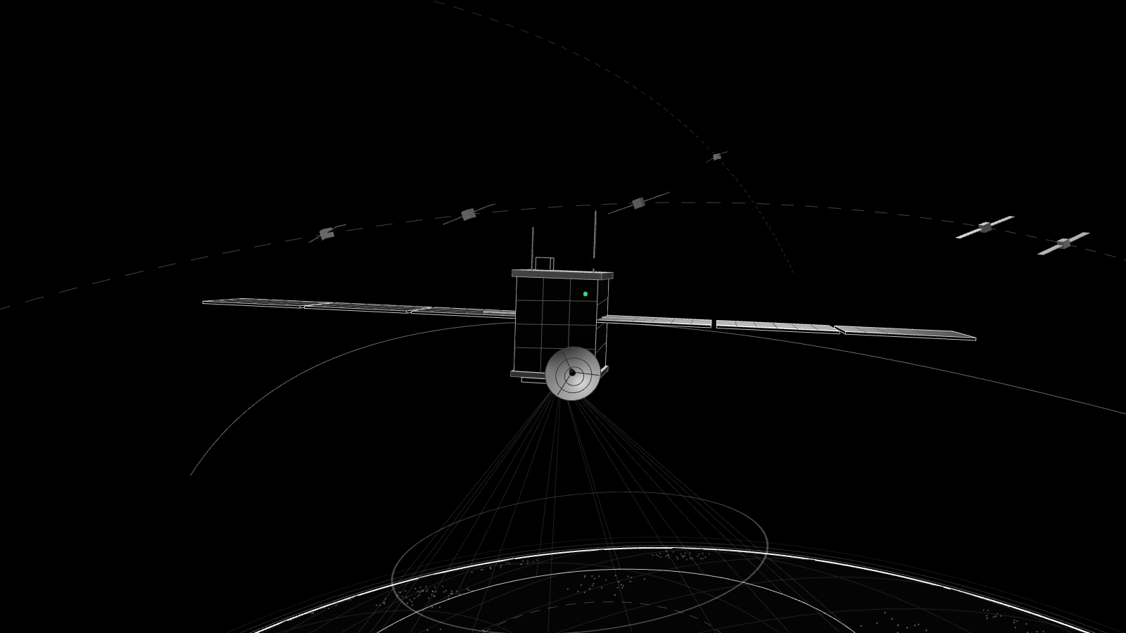 Render 3D em preto e branco que ilustra: Google coloca em órbita seu primeiro satélite com chips de IA para testar data centers no espaço