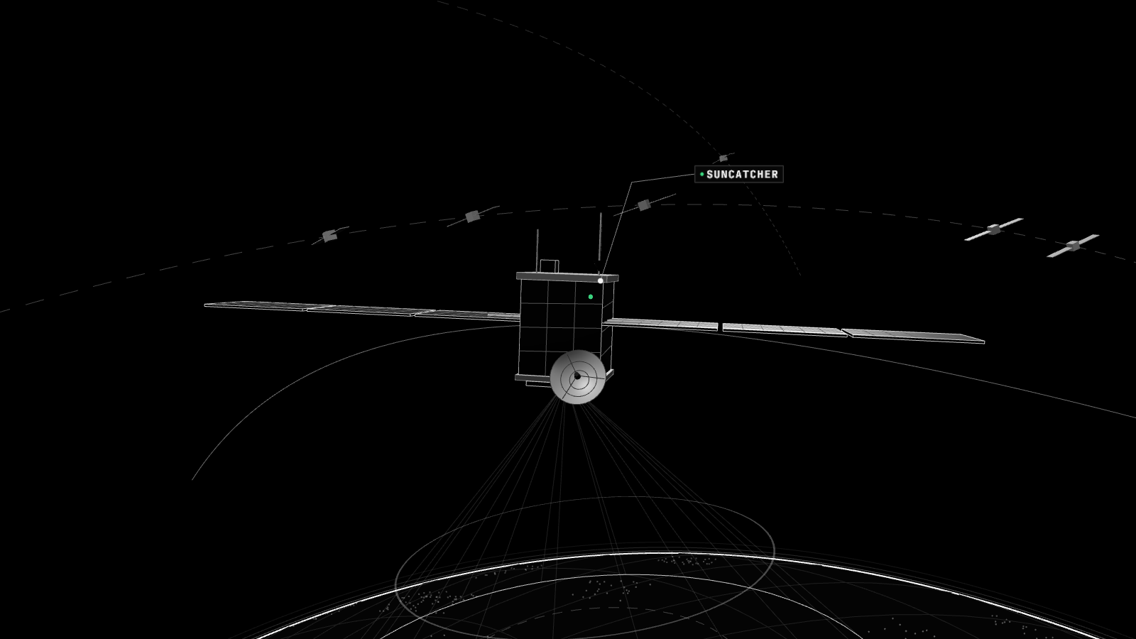 Render 3D en blanco y negro que ilustra: Google pone en órbita su primer satélite con chips de IA para probar centros de datos en el espacio