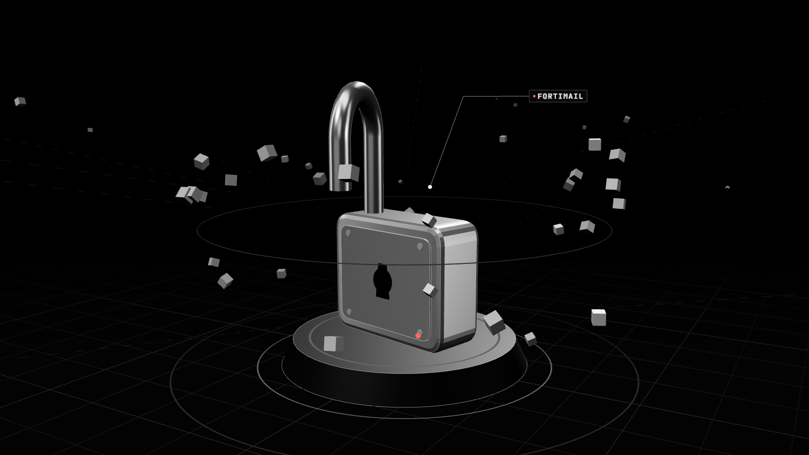Render 3D en blanco y negro que ilustra: Fortinet confirma que una falla crítica de FortiMail ya se explota, y el parche aún no sale
